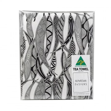 Aboriginal Art | Cotton Tea Towel | Dancing Wombat | Gum Leaf